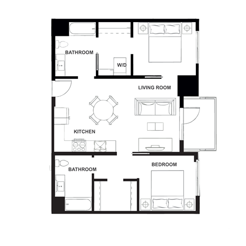 Floor plan for 2 beds, 2 baths, 948 sqft